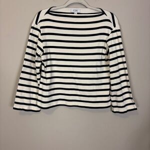 COS White with Black Striped Ribbed Bell Sleeve Boat Neck Long Sleeve Top XS